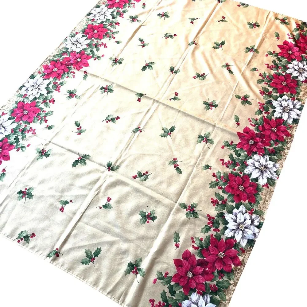 Christmas Tablecloth golden with red poinsettias border print buffet sized cloth